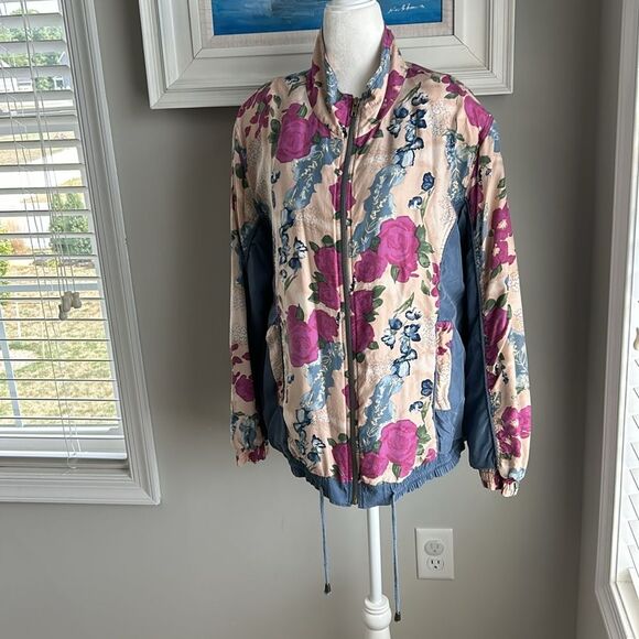Vintage 90s Hunt Club Silk Floral Windbreaker Zipper Jacket Medium - Picture 4 of 13